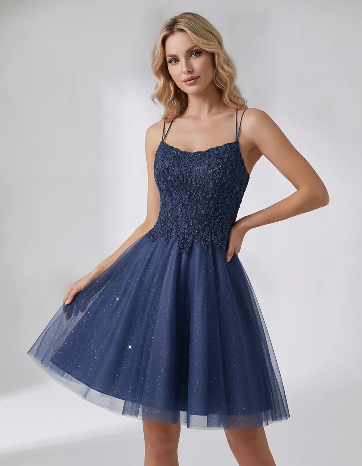 Lace Glitter Tulle Spaghetti Strap Square Neck A-Line Mini Dress for Homecoming, Party, Cocktail, Evening & Wedding Guest Eve | SKU: CMD-582741963852714-NAVY-L,CMD-582741963852714-NAVY-M,CMD-582741963852714-NAVY-S,CMD-582741963852714-NAVY-XL,CMD-582741963852714-NAVY-XS