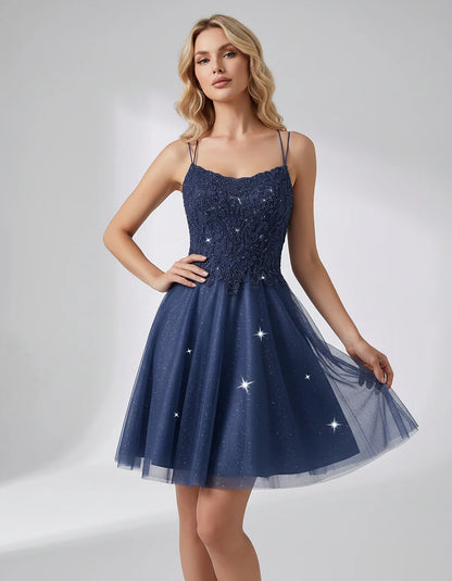Lace Glitter Tulle Spaghetti Strap Square Neck A-Line Mini Dress for Homecoming, Party, Cocktail, Evening & Wedding Guest Eve | SKU: CMD-582741963852714-NAVY-L,CMD-582741963852714-NAVY-M,CMD-582741963852714-NAVY-S,CMD-582741963852714-NAVY-XL,CMD-582741963852714-NAVY-XS