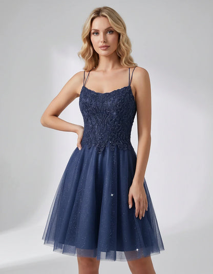 Lace Glitter Tulle Spaghetti Strap Square Neck A-Line Mini Dress for Homecoming, Party, Cocktail, Evening & Wedding Guest Eve | SKU: CMD-582741963852714-NAVY-L,CMD-582741963852714-NAVY-M,CMD-582741963852714-NAVY-S,CMD-582741963852714-NAVY-XL,CMD-582741963852714-NAVY-XS