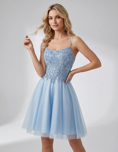 Lace Glitter Tulle Spaghetti Strap Square Neck A-Line Mini Dress for Homecoming, Party, Cocktail, Evening & Wedding Guest Eve | SKU: CMD-582741963852714-LIGHTBLUE-L,CMD-582741963852714-LIGHTBLUE-M,CMD-582741963852714-LIGHTBLUE-S,CMD-582741963852714-LIGHTBLUE-XL,CMD-582741963852714-LIGHTBLUE-XS