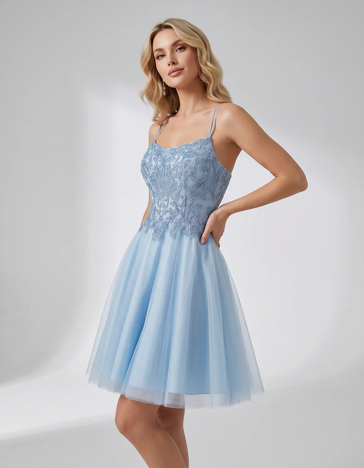 Lace Glitter Tulle Spaghetti Strap Square Neck A-Line Mini Dress for Homecoming, Party, Cocktail, Evening & Wedding Guest Eve | SKU: CMD-582741963852714-LIGHTBLUE-L,CMD-582741963852714-LIGHTBLUE-M,CMD-582741963852714-LIGHTBLUE-S,CMD-582741963852714-LIGHTBLUE-XL,CMD-582741963852714-LIGHTBLUE-XS