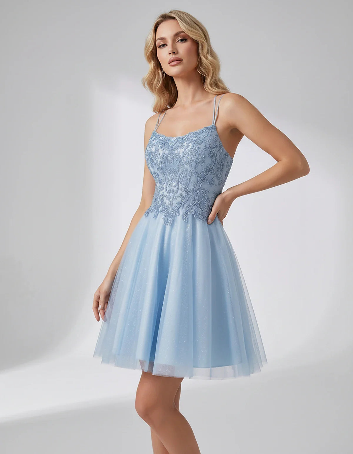 Lace Glitter Tulle Spaghetti Strap Square Neck A-Line Mini Dress for Homecoming, Party, Cocktail, Evening & Wedding Guest Eve | SKU: CMD-582741963852714-LIGHTBLUE-L,CMD-582741963852714-LIGHTBLUE-M,CMD-582741963852714-LIGHTBLUE-S,CMD-582741963852714-LIGHTBLUE-XL,CMD-582741963852714-LIGHTBLUE-XS