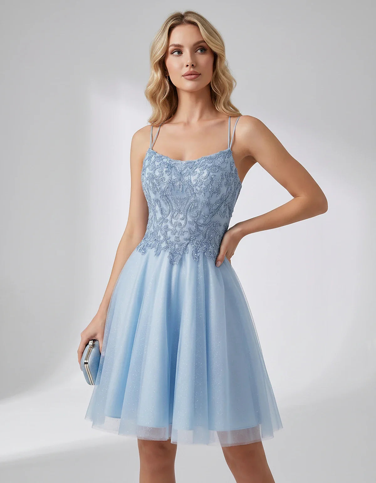 Lace Glitter Tulle Spaghetti Strap Square Neck A-Line Mini Dress for Homecoming, Party, Cocktail, Evening & Wedding Guest Eve | SKU: CMD-582741963852714-LIGHTBLUE-L,CMD-582741963852714-LIGHTBLUE-M,CMD-582741963852714-LIGHTBLUE-S,CMD-582741963852714-LIGHTBLUE-XL,CMD-582741963852714-LIGHTBLUE-XS
