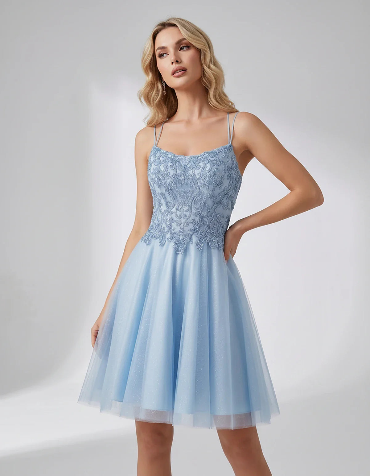 Lace Glitter Tulle Spaghetti Strap Square Neck A-Line Mini Dress for Homecoming, Party, Cocktail, Evening & Wedding Guest Eve | SKU: CMD-582741963852714-LIGHTBLUE-L,CMD-582741963852714-LIGHTBLUE-M,CMD-582741963852714-LIGHTBLUE-S,CMD-582741963852714-LIGHTBLUE-XL,CMD-582741963852714-LIGHTBLUE-XS