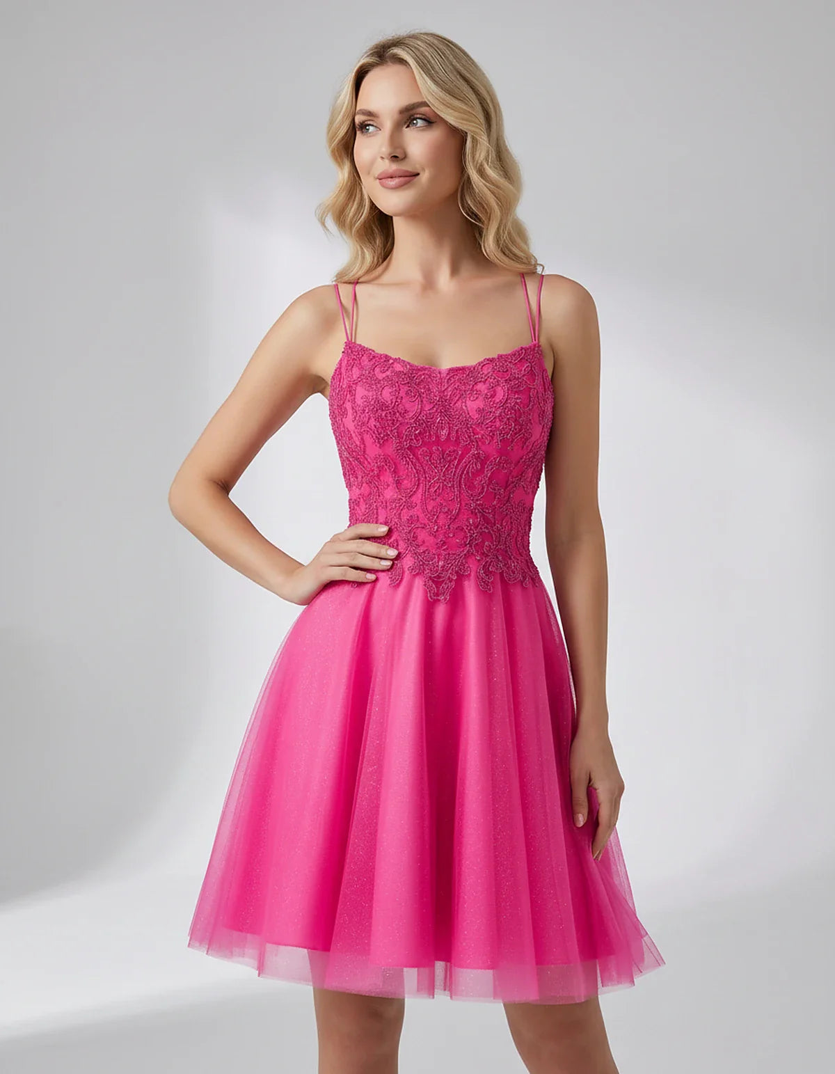 Lace Glitter Tulle Spaghetti Strap Square Neck A-Line Mini Dress for Homecoming, Party, Cocktail, Evening & Wedding Guest Eve | SKU: CMD-582741963852714-HOTPINK-L,CMD-582741963852714-HOTPINK-M,CMD-582741963852714-HOTPINK-S,CMD-582741963852714-HOTPINK-XL,CMD-582741963852714-HOTPINK-XS