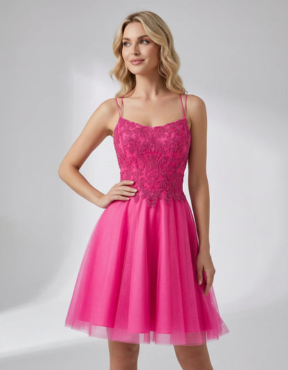 Lace Glitter Tulle Spaghetti Strap Square Neck A-Line Mini Dress for Homecoming, Party, Cocktail, Evening & Wedding Guest Eve | SKU: CMD-582741963852714-HOTPINK-L,CMD-582741963852714-HOTPINK-M,CMD-582741963852714-HOTPINK-S,CMD-582741963852714-HOTPINK-XL,CMD-582741963852714-HOTPINK-XS