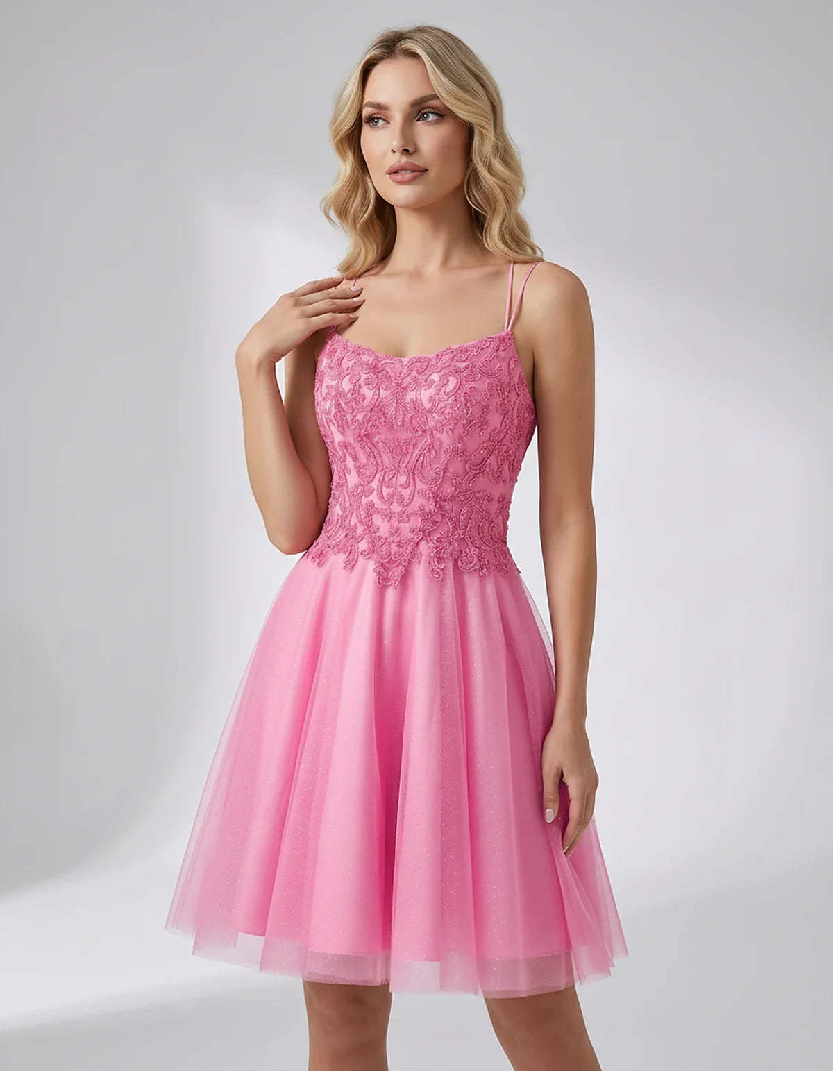Lace Glitter Tulle Spaghetti Strap Square Neck A-Line Mini Dress for Homecoming, Party, Cocktail, Evening & Wedding Guest Eve | SKU: CMD-582741963852714-PINK-L,CMD-582741963852714-PINK-M,CMD-582741963852714-PINK-S,CMD-582741963852714-PINK-XL,CMD-582741963852714-PINK-XS