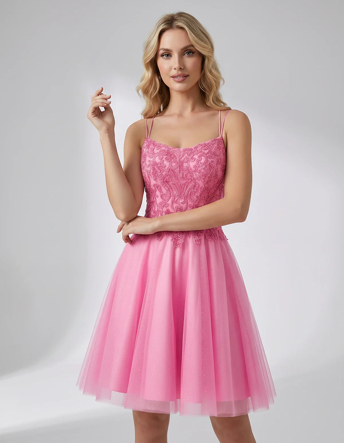 Lace Glitter Tulle Spaghetti Strap Square Neck A-Line Mini Dress for Homecoming, Party, Cocktail, Evening & Wedding Guest Eve | SKU: CMD-582741963852714-PINK-L,CMD-582741963852714-PINK-M,CMD-582741963852714-PINK-S,CMD-582741963852714-PINK-XL,CMD-582741963852714-PINK-XS