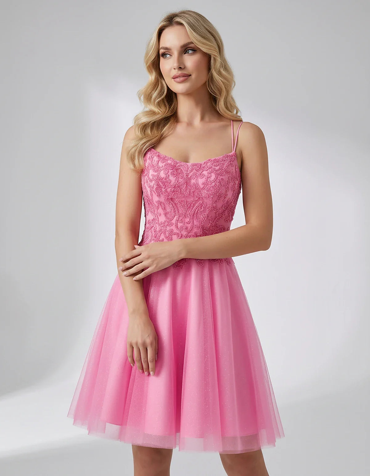 Lace Glitter Tulle Spaghetti Strap Square Neck A-Line Mini Dress for Homecoming, Party, Cocktail, Evening & Wedding Guest Eve | SKU: CMD-582741963852714-PINK-L,CMD-582741963852714-PINK-M,CMD-582741963852714-PINK-S,CMD-582741963852714-PINK-XL,CMD-582741963852714-PINK-XS