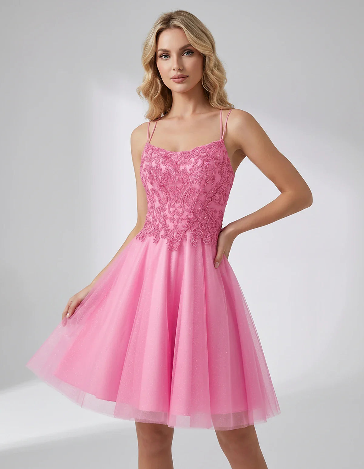 Lace Glitter Tulle Spaghetti Strap Square Neck A-Line Mini Dress for Homecoming, Party, Cocktail, Evening & Wedding Guest Eve | SKU: CMD-582741963852714-PINK-L,CMD-582741963852714-PINK-M,CMD-582741963852714-PINK-S,CMD-582741963852714-PINK-XL,CMD-582741963852714-PINK-XS