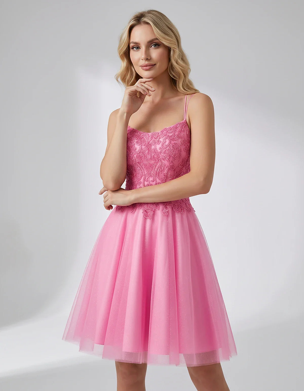 Lace Glitter Tulle Spaghetti Strap Square Neck A-Line Mini Dress for Homecoming, Party, Cocktail, Evening & Wedding Guest Eve | SKU: CMD-582741963852714-PINK-L,CMD-582741963852714-PINK-M,CMD-582741963852714-PINK-S,CMD-582741963852714-PINK-XL,CMD-582741963852714-PINK-XS