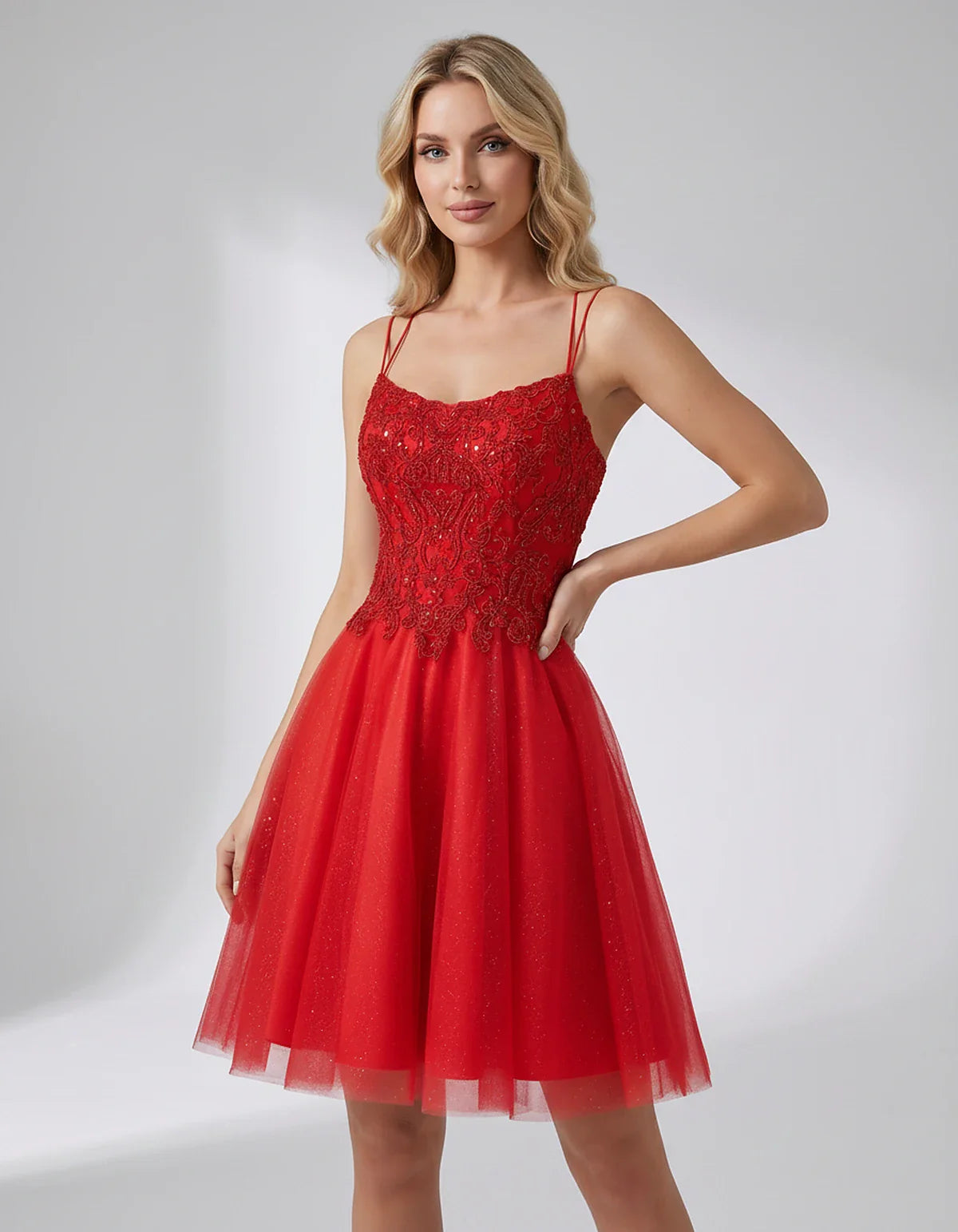 Lace Glitter Tulle Spaghetti Strap Square Neck A-Line Mini Dress for Homecoming, Party, Cocktail, Evening & Wedding Guest Eve | SKU: CMD-582741963852714-RED-L,CMD-582741963852714-RED-M,CMD-582741963852714-RED-S,CMD-582741963852714-RED-XL,CMD-582741963852714-RED-XS