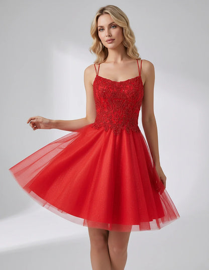 Lace Glitter Tulle Spaghetti Strap Square Neck A-Line Mini Dress for Homecoming, Party, Cocktail, Evening & Wedding Guest Eve | SKU: CMD-582741963852714-RED-L,CMD-582741963852714-RED-M,CMD-582741963852714-RED-S,CMD-582741963852714-RED-XL,CMD-582741963852714-RED-XS