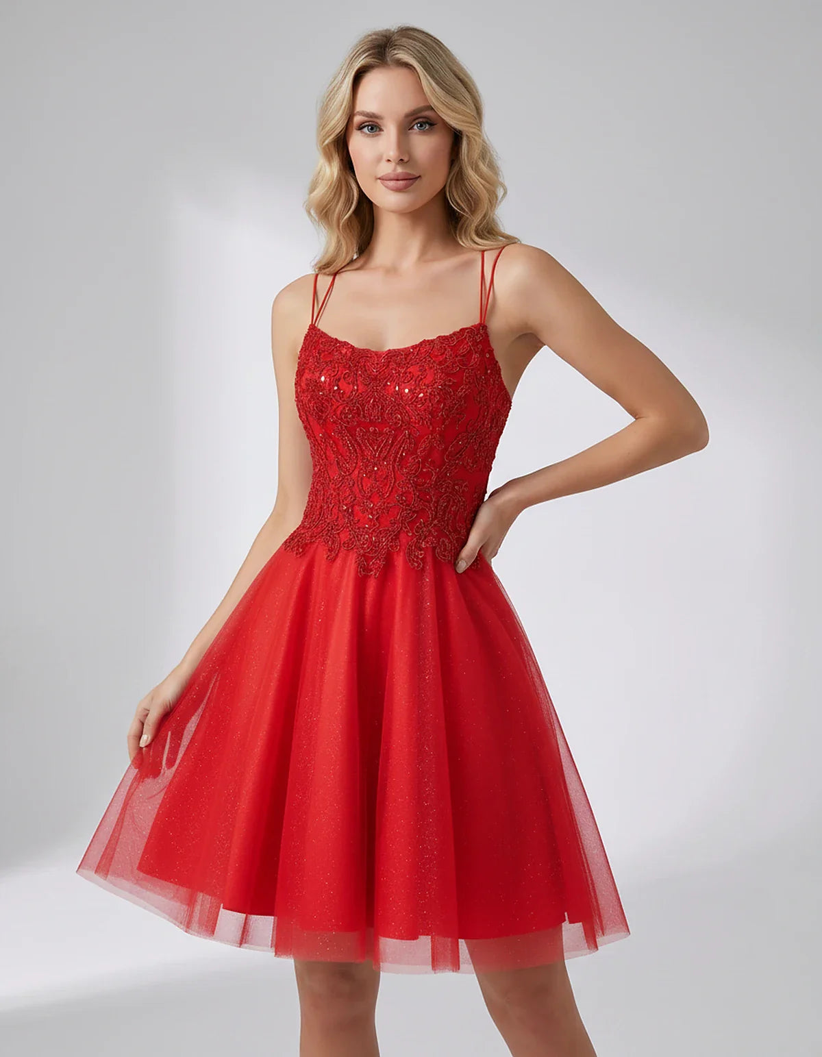 Lace Glitter Tulle Spaghetti Strap Square Neck A-Line Mini Dress for Homecoming, Party, Cocktail, Evening & Wedding Guest Eve | SKU: CMD-582741963852714-RED-L,CMD-582741963852714-RED-M,CMD-582741963852714-RED-S,CMD-582741963852714-RED-XL,CMD-582741963852714-RED-XS