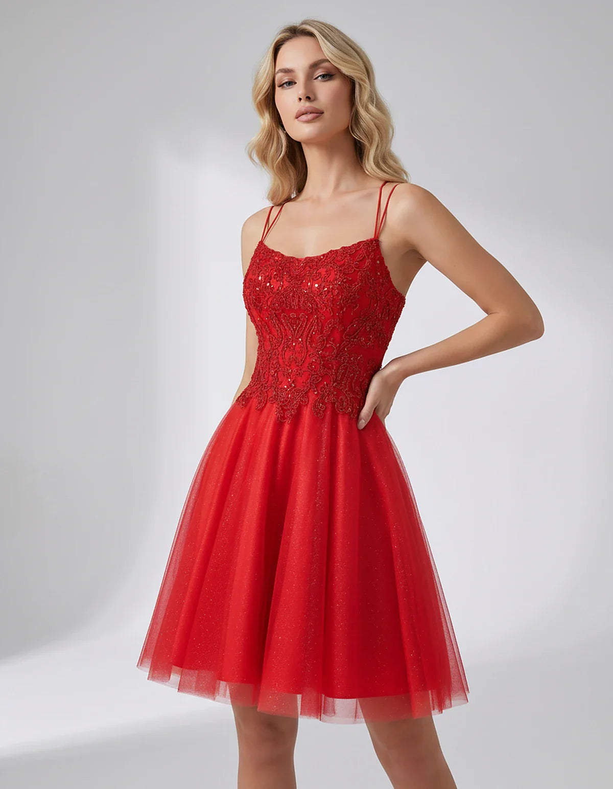 Lace Glitter Tulle Spaghetti Strap Square Neck A-Line Mini Dress for Homecoming, Party, Cocktail, Evening & Wedding Guest Eve | SKU: CMD-582741963852714-RED-L,CMD-582741963852714-RED-M,CMD-582741963852714-RED-S,CMD-582741963852714-RED-XL,CMD-582741963852714-RED-XS