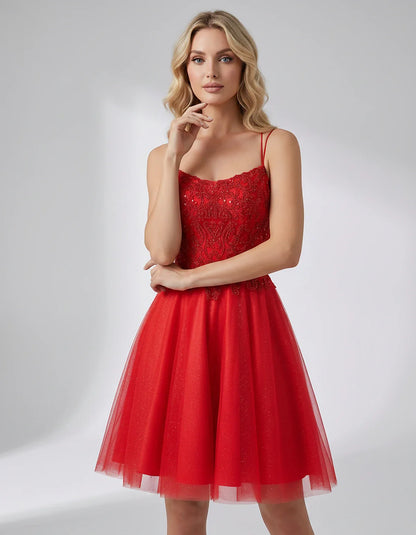 Lace Glitter Tulle Spaghetti Strap Square Neck A-Line Mini Dress for Homecoming, Party, Cocktail, Evening & Wedding Guest Eve | SKU: CMD-582741963852714-RED-L,CMD-582741963852714-RED-M,CMD-582741963852714-RED-S,CMD-582741963852714-RED-XL,CMD-582741963852714-RED-XS