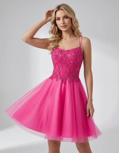 Lace Glitter Tulle Spaghetti Strap Square Neck A-Line Mini Dress for Homecoming, Party, Cocktail, Evening & Wedding Guest Eve | SKU: CMD-582741963852714-HOTPINK-L,CMD-582741963852714-HOTPINK-M,CMD-582741963852714-HOTPINK-S,CMD-582741963852714-HOTPINK-XL,CMD-582741963852714-HOTPINK-XS