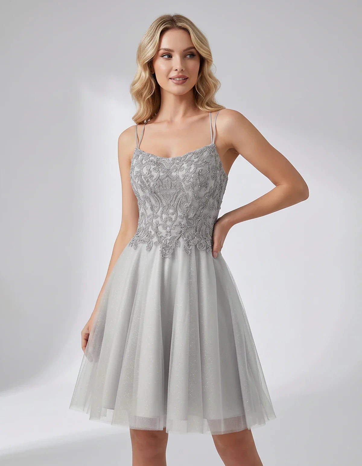 Lace Glitter Tulle Spaghetti Strap Square Neck A-Line Mini Dress for Homecoming, Party, Cocktail, Evening & Wedding Guest Eve | SKU: CMD-582741963852714-SILVER-L,CMD-582741963852714-SILVER-M,CMD-582741963852714-SILVER-S,CMD-582741963852714-SILVER-XL,CMD-582741963852714-SILVER-XS