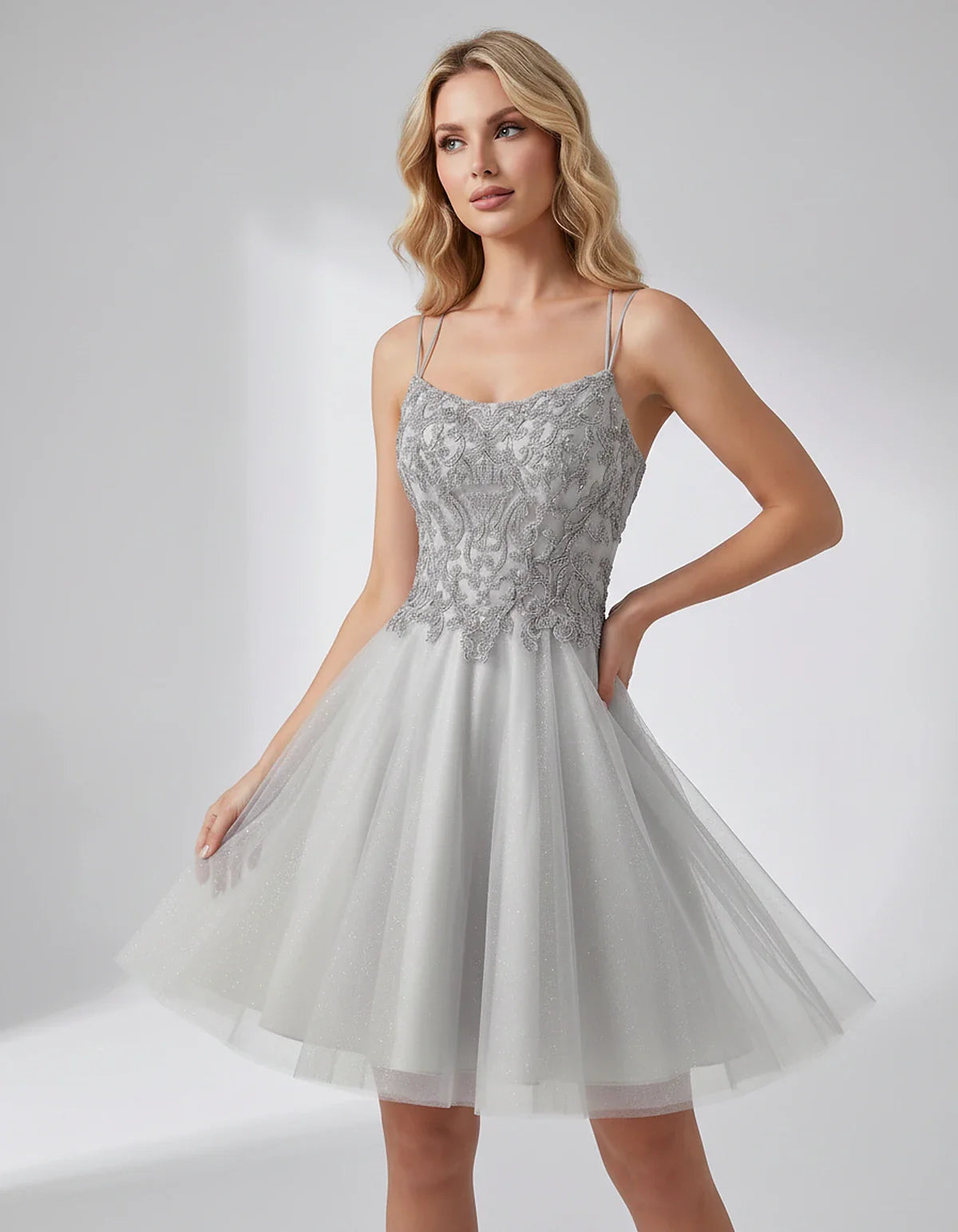 Lace Glitter Tulle Spaghetti Strap Square Neck A-Line Mini Dress for Homecoming, Party, Cocktail, Evening & Wedding Guest Eve | SKU: CMD-582741963852714-SILVER-L,CMD-582741963852714-SILVER-M,CMD-582741963852714-SILVER-S,CMD-582741963852714-SILVER-XL,CMD-582741963852714-SILVER-XS