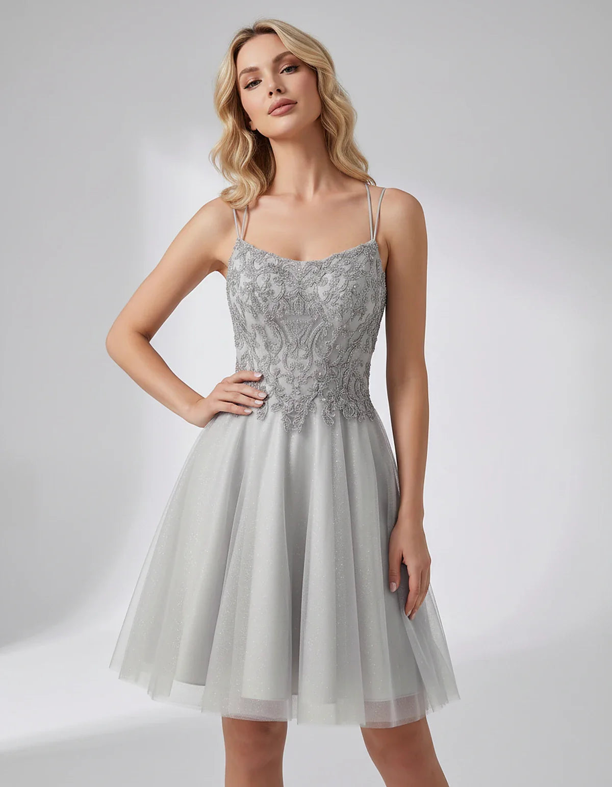 Lace Glitter Tulle Spaghetti Strap Square Neck A-Line Mini Dress for Homecoming, Party, Cocktail, Evening & Wedding Guest Eve | SKU: CMD-582741963852714-SILVER-L,CMD-582741963852714-SILVER-M,CMD-582741963852714-SILVER-S,CMD-582741963852714-SILVER-XL,CMD-582741963852714-SILVER-XS