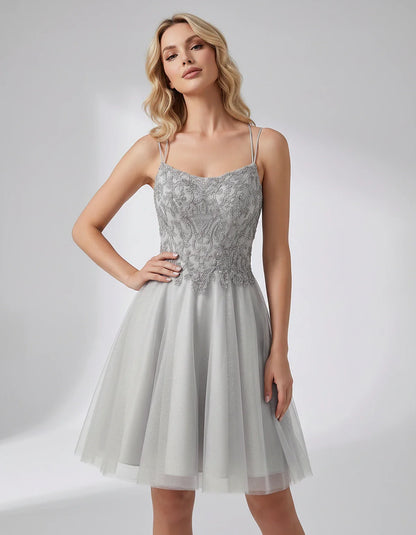 Lace Glitter Tulle Spaghetti Strap Square Neck A-Line Mini Dress for Homecoming, Party, Cocktail, Evening & Wedding Guest Eve | SKU: CMD-582741963852714-SILVER-L,CMD-582741963852714-SILVER-M,CMD-582741963852714-SILVER-S,CMD-582741963852714-SILVER-XL,CMD-582741963852714-SILVER-XS