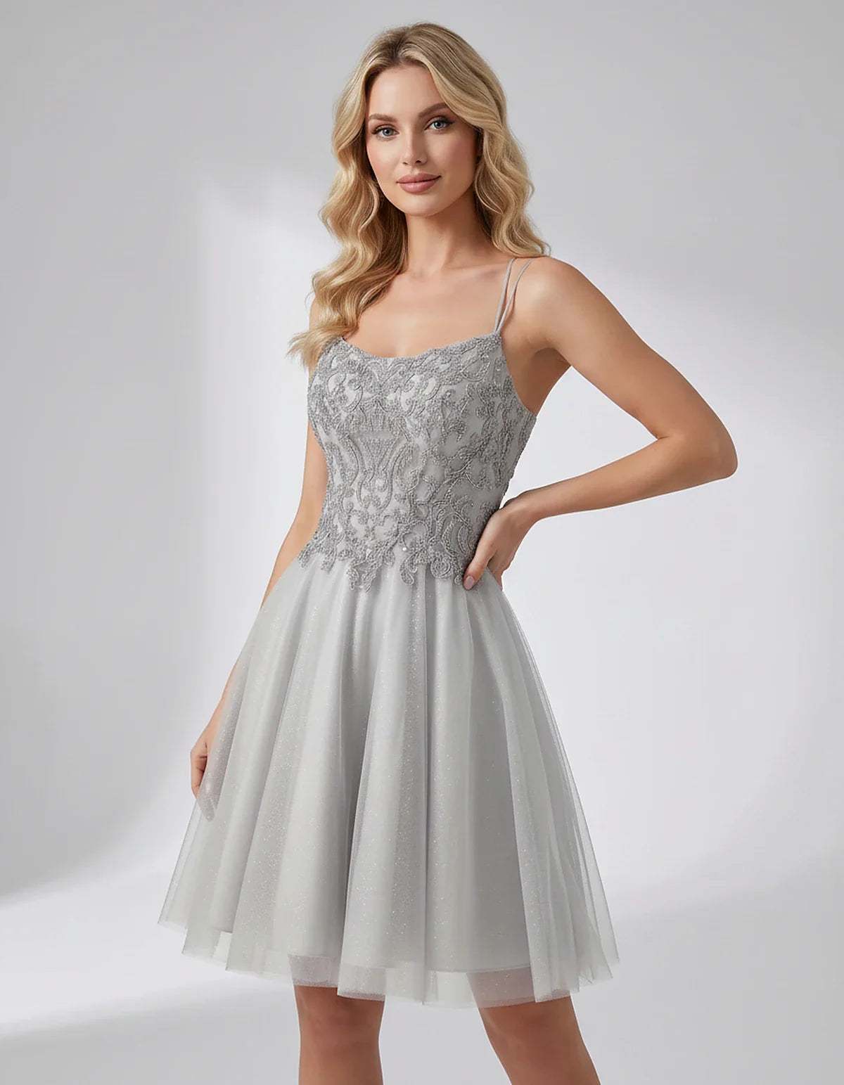 Lace Glitter Tulle Spaghetti Strap Square Neck A-Line Mini Dress for Homecoming, Party, Cocktail, Evening & Wedding Guest Eve | SKU: CMD-582741963852714-SILVER-L,CMD-582741963852714-SILVER-M,CMD-582741963852714-SILVER-S,CMD-582741963852714-SILVER-XL,CMD-582741963852714-SILVER-XS