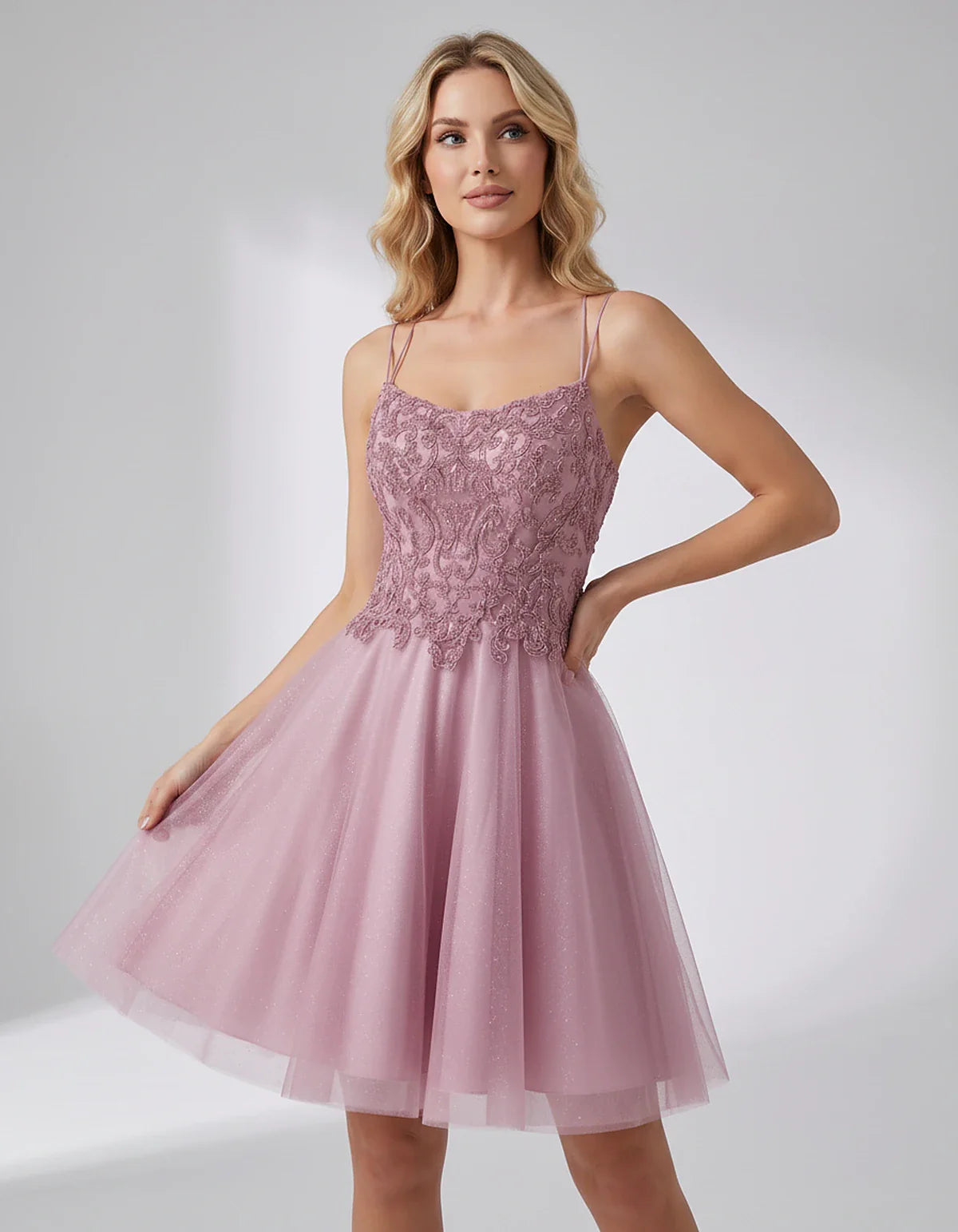 Lace Glitter Tulle Spaghetti Strap Square Neck A-Line Mini Dress for Homecoming, Party, Cocktail, Evening & Wedding Guest Eve | SKU: CMD-582741963852714-BLUSH-L,CMD-582741963852714-BLUSH-M,CMD-582741963852714-BLUSH-S,CMD-582741963852714-BLUSH-XL,CMD-582741963852714-BLUSH-XS