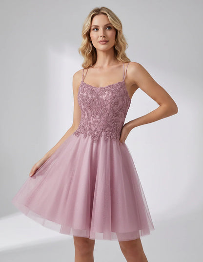 Lace Glitter Tulle Spaghetti Strap Square Neck A-Line Mini Dress for Homecoming, Party, Cocktail, Evening & Wedding Guest Eve | SKU: CMD-582741963852714-BLUSH-L,CMD-582741963852714-BLUSH-M,CMD-582741963852714-BLUSH-S,CMD-582741963852714-BLUSH-XL,CMD-582741963852714-BLUSH-XS