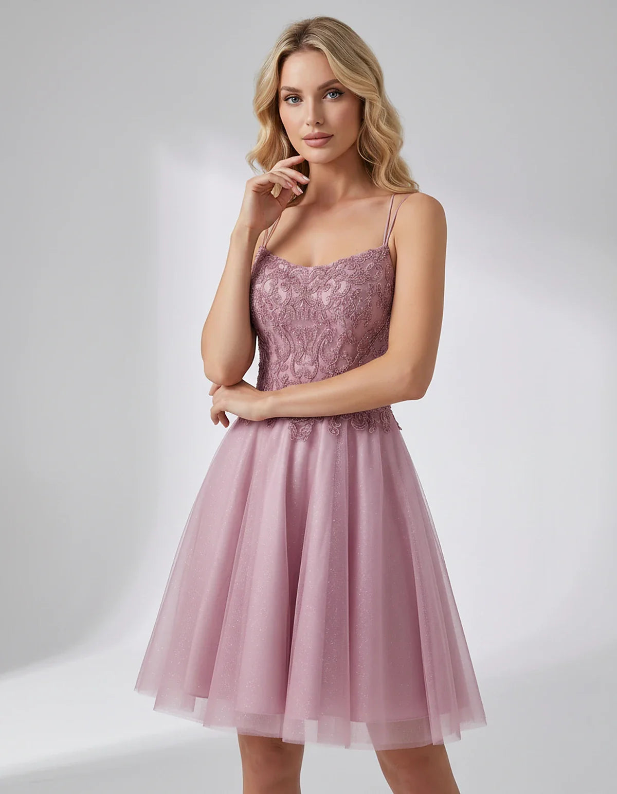 Lace Glitter Tulle Spaghetti Strap Square Neck A-Line Mini Dress for Homecoming, Party, Cocktail, Evening & Wedding Guest Eve | SKU: CMD-582741963852714-BLUSH-L,CMD-582741963852714-BLUSH-M,CMD-582741963852714-BLUSH-S,CMD-582741963852714-BLUSH-XL,CMD-582741963852714-BLUSH-XS