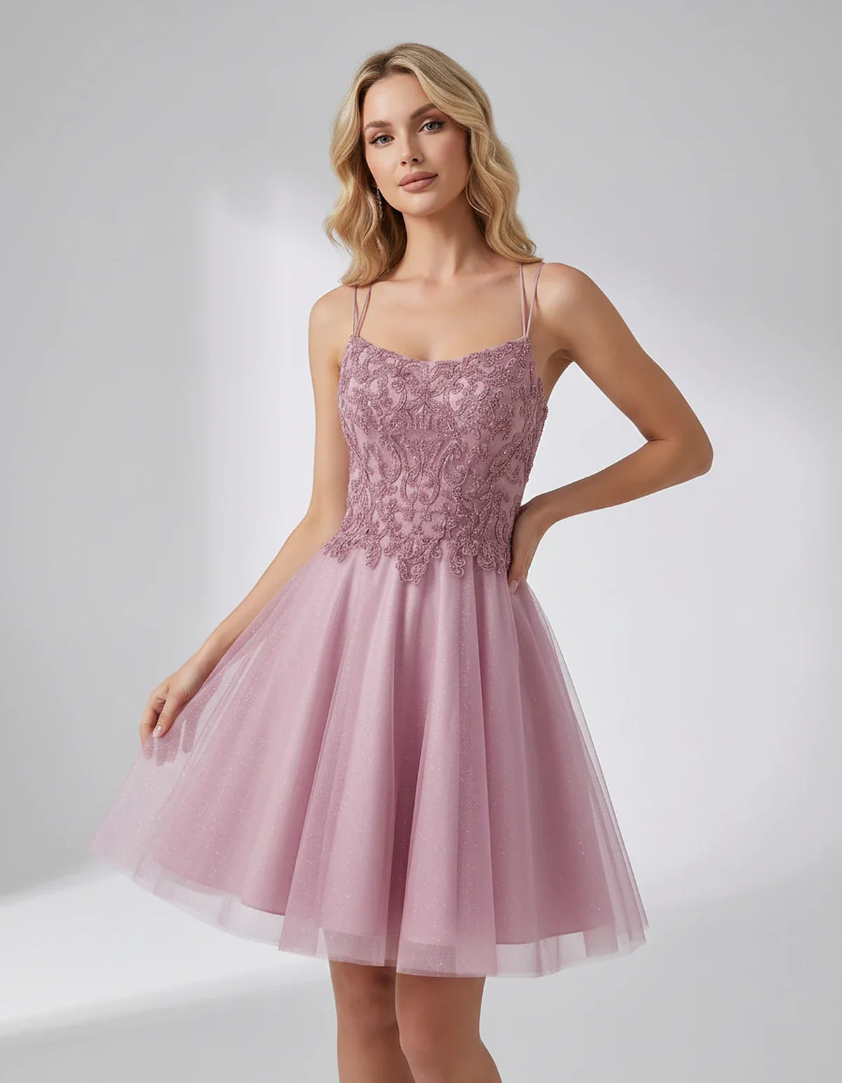 Lace Glitter Tulle Spaghetti Strap Square Neck A-Line Mini Dress for Homecoming, Party, Cocktail, Evening & Wedding Guest Eve | SKU: CMD-582741963852714-BLUSH-L,CMD-582741963852714-BLUSH-M,CMD-582741963852714-BLUSH-S,CMD-582741963852714-BLUSH-XL,CMD-582741963852714-BLUSH-XS