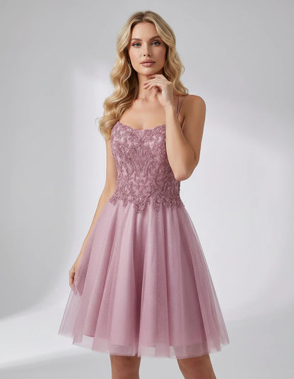 Lace Glitter Tulle Spaghetti Strap Square Neck A-Line Mini Dress for Homecoming, Party, Cocktail, Evening & Wedding Guest Eve | SKU: CMD-582741963852714-BLUSH-L,CMD-582741963852714-BLUSH-M,CMD-582741963852714-BLUSH-S,CMD-582741963852714-BLUSH-XL,CMD-582741963852714-BLUSH-XS