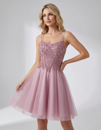 Lace Glitter Tulle Spaghetti Strap Square Neck A-Line Mini Dress for Homecoming, Party, Cocktail, Evening & Wedding Guest Eve | SKU: CMD-582741963852714-BLUSH-L,CMD-582741963852714-BLUSH-M,CMD-582741963852714-BLUSH-S,CMD-582741963852714-BLUSH-XL,CMD-582741963852714-BLUSH-XS