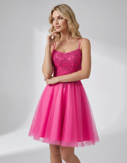 Lace Glitter Tulle Spaghetti Strap Square Neck A-Line Mini Dress for Homecoming, Party, Cocktail, Evening & Wedding Guest Eve | SKU: CMD-582741963852714-HOTPINK-L,CMD-582741963852714-HOTPINK-M,CMD-582741963852714-HOTPINK-S,CMD-582741963852714-HOTPINK-XL,CMD-582741963852714-HOTPINK-XS