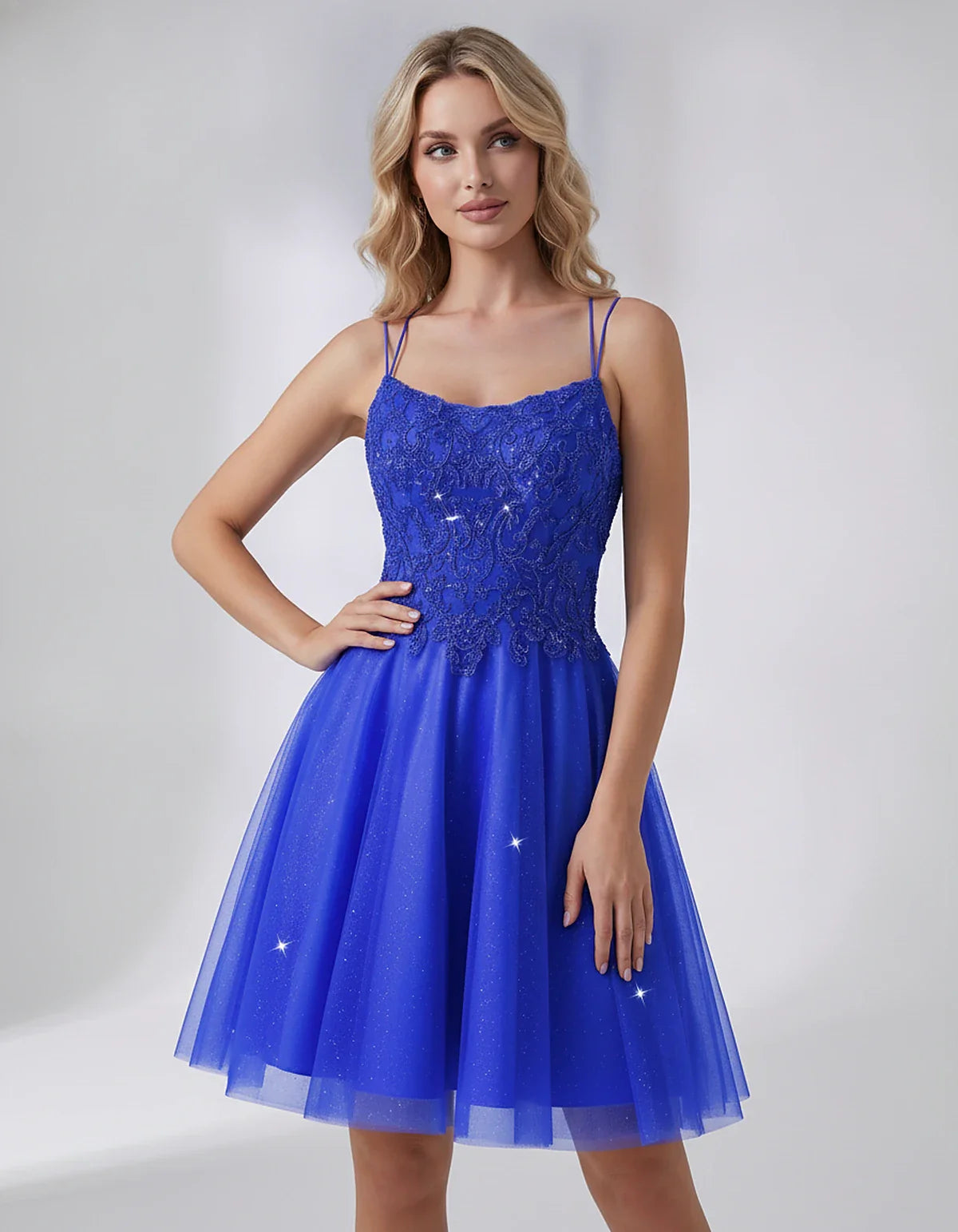 Lace Glitter Tulle Spaghetti Strap Square Neck A-Line Mini Dress for Homecoming, Party, Cocktail, Evening & Wedding Guest Eve | SKU: CMD-582741963852714-ROYALBLUE-L,CMD-582741963852714-ROYALBLUE-M,CMD-582741963852714-ROYALBLUE-S,CMD-582741963852714-ROYALBLUE-XL,CMD-582741963852714-ROYALBLUE-XS