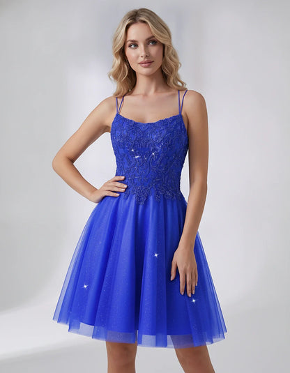 Lace Glitter Tulle Spaghetti Strap Square Neck A-Line Mini Dress for Homecoming, Party, Cocktail, Evening & Wedding Guest Eve | SKU: CMD-582741963852714-ROYALBLUE-L,CMD-582741963852714-ROYALBLUE-M,CMD-582741963852714-ROYALBLUE-S,CMD-582741963852714-ROYALBLUE-XL,CMD-582741963852714-ROYALBLUE-XS