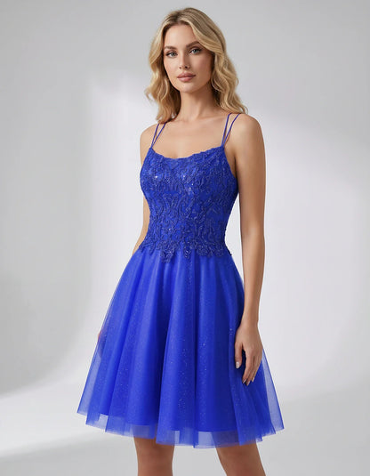 Lace Glitter Tulle Spaghetti Strap Square Neck A-Line Mini Dress for Homecoming, Party, Cocktail, Evening & Wedding Guest Eve | SKU: CMD-582741963852714-ROYALBLUE-L,CMD-582741963852714-ROYALBLUE-M,CMD-582741963852714-ROYALBLUE-S,CMD-582741963852714-ROYALBLUE-XL,CMD-582741963852714-ROYALBLUE-XS