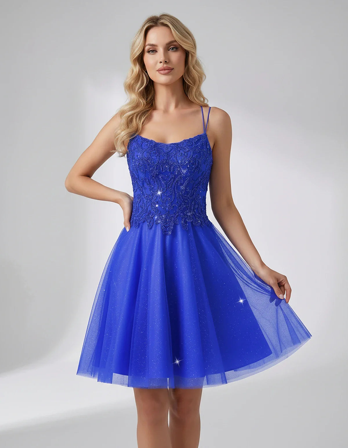 Lace Glitter Tulle Spaghetti Strap Square Neck A-Line Mini Dress for Homecoming, Party, Cocktail, Evening & Wedding Guest Eve | SKU: CMD-582741963852714-ROYALBLUE-L,CMD-582741963852714-ROYALBLUE-M,CMD-582741963852714-ROYALBLUE-S,CMD-582741963852714-ROYALBLUE-XL,CMD-582741963852714-ROYALBLUE-XS