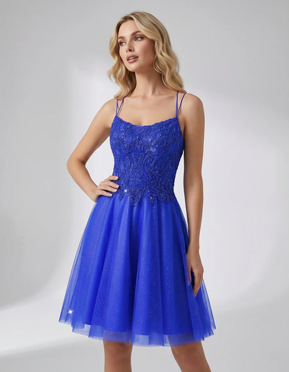 Lace Glitter Tulle Spaghetti Strap Square Neck A-Line Mini Dress for Homecoming, Party, Cocktail, Evening & Wedding Guest Eve | SKU: CMD-582741963852714-ROYALBLUE-L,CMD-582741963852714-ROYALBLUE-M,CMD-582741963852714-ROYALBLUE-S,CMD-582741963852714-ROYALBLUE-XL,CMD-582741963852714-ROYALBLUE-XS