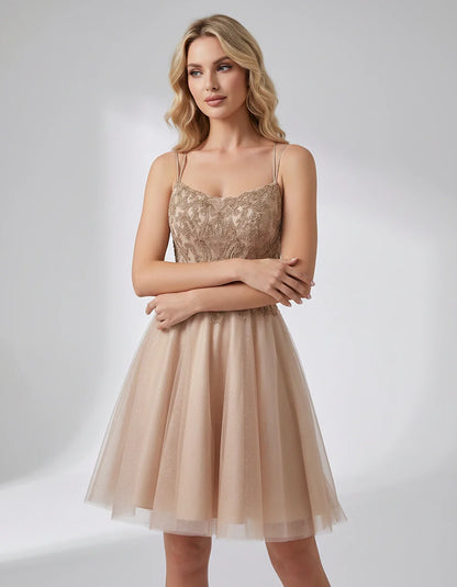 Lace Glitter Tulle Spaghetti Strap Square Neck A-Line Mini Dress for Homecoming, Party, Cocktail, Evening & Wedding Guest Eve | SKU: CMD-582741963852714-CHAMPAGNE-L,CMD-582741963852714-CHAMPAGNE-M,CMD-582741963852714-CHAMPAGNE-S,CMD-582741963852714-CHAMPAGNE-XL,CMD-582741963852714-CHAMPAGNE-XS
