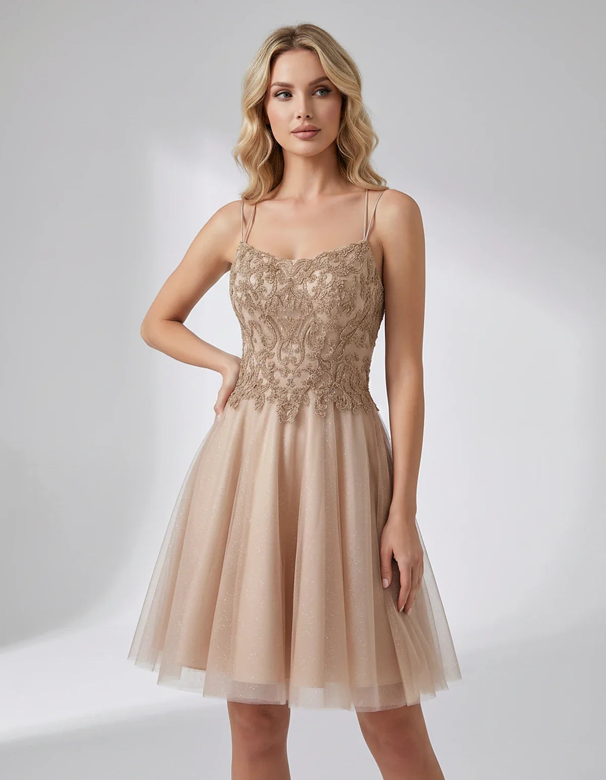 Lace Glitter Tulle Spaghetti Strap Square Neck A-Line Mini Dress for Homecoming, Party, Cocktail, Evening & Wedding Guest Eve | SKU: CMD-582741963852714-CHAMPAGNE-L,CMD-582741963852714-CHAMPAGNE-M,CMD-582741963852714-CHAMPAGNE-S,CMD-582741963852714-CHAMPAGNE-XL,CMD-582741963852714-CHAMPAGNE-XS