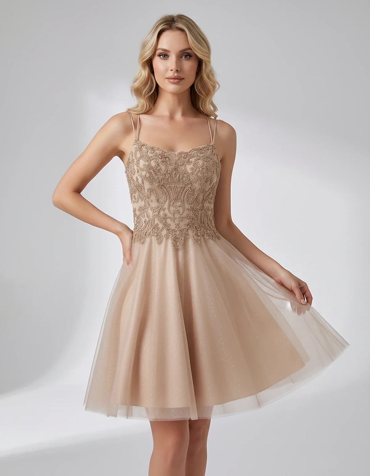 Lace Glitter Tulle Spaghetti Strap Square Neck A-Line Mini Dress for Homecoming, Party, Cocktail, Evening & Wedding Guest Eve | SKU: CMD-582741963852714-CHAMPAGNE-L,CMD-582741963852714-CHAMPAGNE-M,CMD-582741963852714-CHAMPAGNE-S,CMD-582741963852714-CHAMPAGNE-XL,CMD-582741963852714-CHAMPAGNE-XS