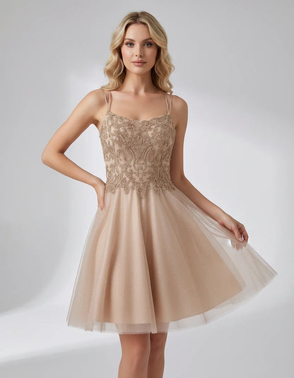 Lace Glitter Tulle Spaghetti Strap Square Neck A-Line Mini Dress for Homecoming, Party, Cocktail, Evening & Wedding Guest Eve | SKU: CMD-582741963852714-CHAMPAGNE-L,CMD-582741963852714-CHAMPAGNE-M,CMD-582741963852714-CHAMPAGNE-S,CMD-582741963852714-CHAMPAGNE-XL,CMD-582741963852714-CHAMPAGNE-XS