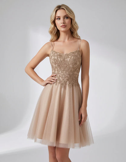 Lace Glitter Tulle Spaghetti Strap Square Neck A-Line Mini Dress for Homecoming, Party, Cocktail, Evening & Wedding Guest Eve | SKU: CMD-582741963852714-CHAMPAGNE-L,CMD-582741963852714-CHAMPAGNE-M,CMD-582741963852714-CHAMPAGNE-S,CMD-582741963852714-CHAMPAGNE-XL,CMD-582741963852714-CHAMPAGNE-XS