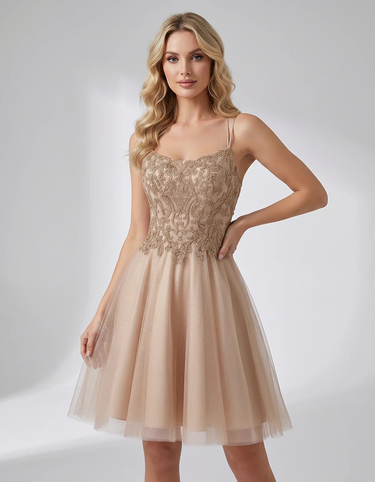 Lace Glitter Tulle Spaghetti Strap Square Neck A-Line Mini Dress for Homecoming, Party, Cocktail, Evening & Wedding Guest Eve | SKU: CMD-582741963852714-CHAMPAGNE-L,CMD-582741963852714-CHAMPAGNE-M,CMD-582741963852714-CHAMPAGNE-S,CMD-582741963852714-CHAMPAGNE-XL,CMD-582741963852714-CHAMPAGNE-XS