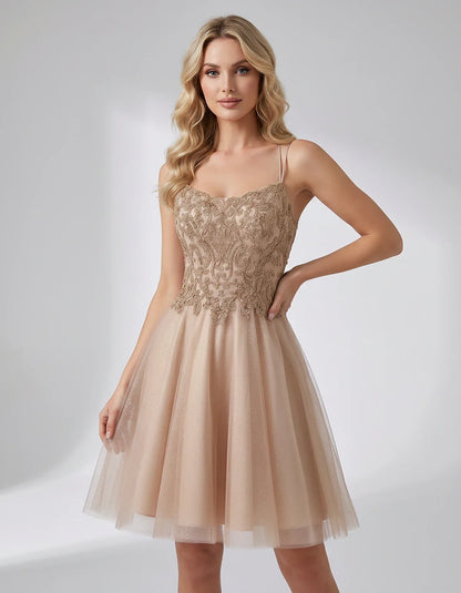 Lace Glitter Tulle Spaghetti Strap Square Neck A-Line Mini Dress for Homecoming, Party, Cocktail, Evening & Wedding Guest Eve | SKU: CMD-582741963852714-CHAMPAGNE-L,CMD-582741963852714-CHAMPAGNE-M,CMD-582741963852714-CHAMPAGNE-S,CMD-582741963852714-CHAMPAGNE-XL,CMD-582741963852714-CHAMPAGNE-XS