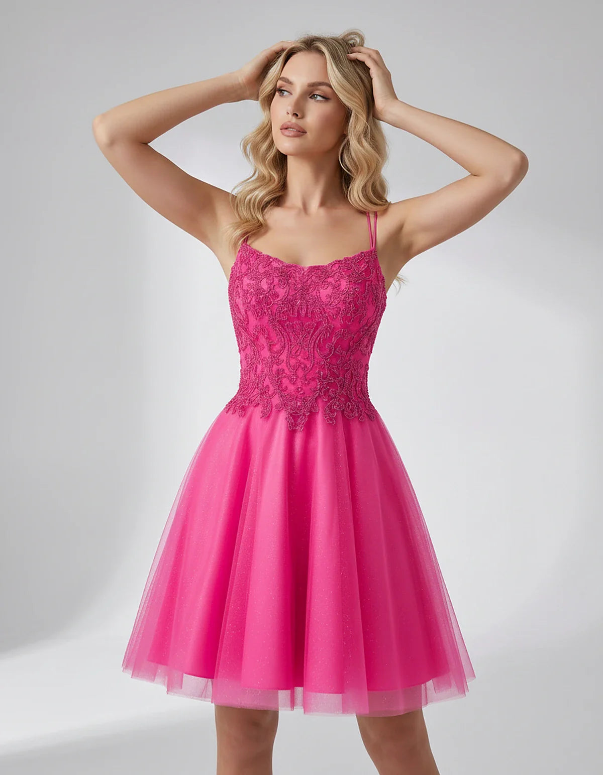 Lace Glitter Tulle Spaghetti Strap Square Neck A-Line Mini Dress for Homecoming, Party, Cocktail, Evening & Wedding Guest Eve | SKU: CMD-582741963852714-HOTPINK-L,CMD-582741963852714-HOTPINK-M,CMD-582741963852714-HOTPINK-S,CMD-582741963852714-HOTPINK-XL,CMD-582741963852714-HOTPINK-XS