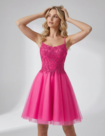 Lace Glitter Tulle Spaghetti Strap Square Neck A-Line Mini Dress for Homecoming, Party, Cocktail, Evening & Wedding Guest Eve | SKU: CMD-582741963852714-HOTPINK-L,CMD-582741963852714-HOTPINK-M,CMD-582741963852714-HOTPINK-S,CMD-582741963852714-HOTPINK-XL,CMD-582741963852714-HOTPINK-XS