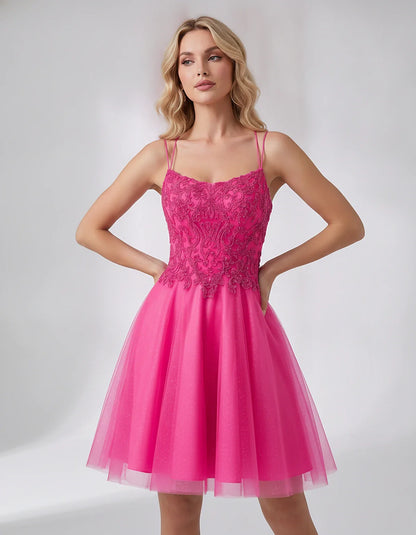 Lace Glitter Tulle Spaghetti Strap Square Neck A-Line Mini Dress for Homecoming, Party, Cocktail, Evening & Wedding Guest Eve | SKU: CMD-582741963852714-HOTPINK-L,CMD-582741963852714-HOTPINK-M,CMD-582741963852714-HOTPINK-S,CMD-582741963852714-HOTPINK-XL,CMD-582741963852714-HOTPINK-XS