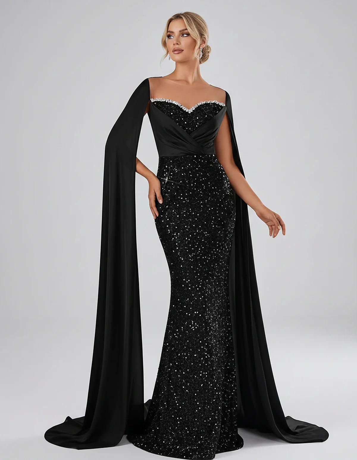 Sequin Cape Sleeve Sweetheart Mermaid Maxi Dress for Party, Cocktail, Evening, Wedding Guest, Prom & Summer Events, front vie | SKU: CMD-583920174618352-BLACK-L,CMD-583920174618352-BLACK-M,CMD-583920174618352-BLACK-S,CMD-583920174618352-BLACK-XL,CMD-583920174618352-BLACK-XS