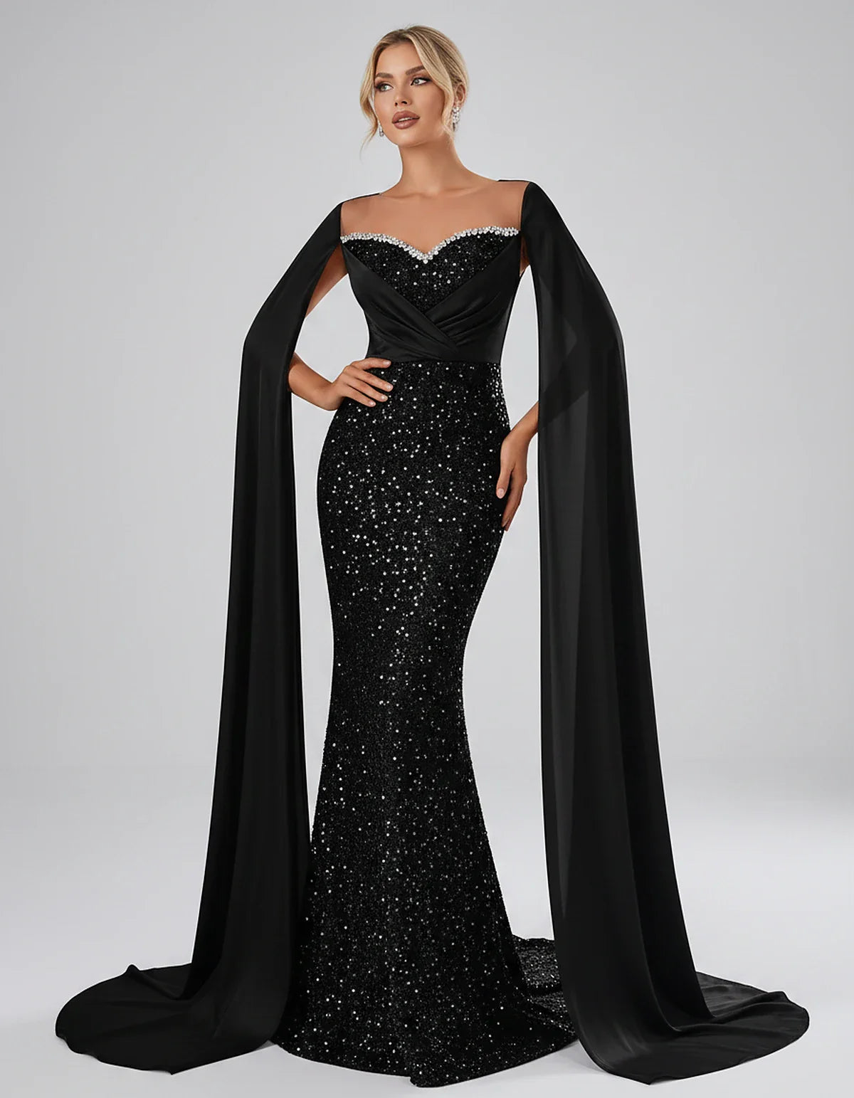 Sequin Cape Sleeve Sweetheart Mermaid Maxi Dress for Party, Cocktail, Evening, Wedding Guest, Prom & Summer Events, front vie | SKU: CMD-583920174618352-BLACK-L,CMD-583920174618352-BLACK-M,CMD-583920174618352-BLACK-S,CMD-583920174618352-BLACK-XL,CMD-583920174618352-BLACK-XS